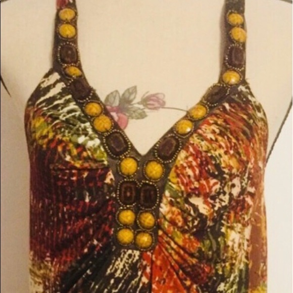 Dots Brown Multi Color V-Neck Beaded Halter Tunic Top NWT - Picture 7 of 9